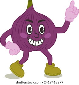 Funny fig fruit, hand-drawn, in a trendy retro style of the 60s and 70s. A walking vintage mascot. A vector illustration drawn by hand. Happy emotions, an insidious grin. A cute kawaii mascot.