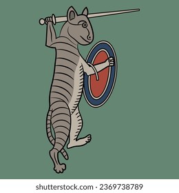Funny fighting warrior cat with sword and shield. Medieval illuminated manuscript animal design. On green background.
