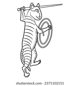 Gracioso gatito guerrero combatiendo con espada y escudo. diseño animal de manuscrito iluminado medieval. Silueta lineal blanca y negra.