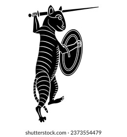 Funny fighting warrior cat with sword and shield. medieval illuminated manuscript animal design. Black and white linear silhouette.