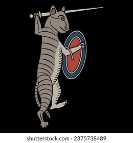 Funny fighting warrior cat with sword and shield. Medieval illuminated manuscript animal design. On black background. Isolated vector illustration.