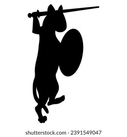 Die sonnige Kampfkatze mit Schwert und Schild. Mittelalterliches, beleuchtetes Manuskript-Tierdesign. Schwarze Silhouette auf weißem Hintergrund.