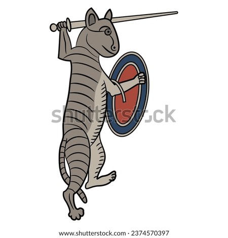 Funny fighting warrior cat with sword and shield. Medieval illuminated manuscript animal design. On white background. Isolated vector illustration.