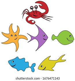 funny figures set of fishes and crab smiling pattern