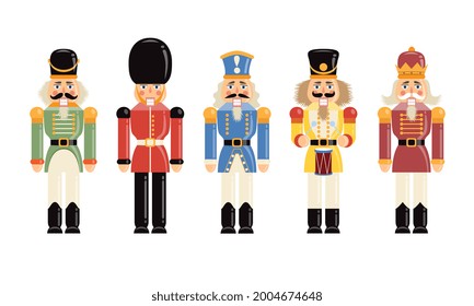 Funny figurines of old-fashioned retro style European soldiers of various historical periods and coutntries and the Christmas nutcracker. Flat cartoon vector illustrations set