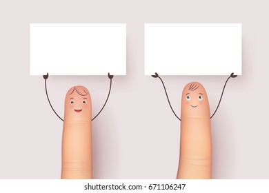 Funny fingers with blank white posters. Picture of empty card for mock up as copy space. Flat style vector realistic illustration isolated on white background