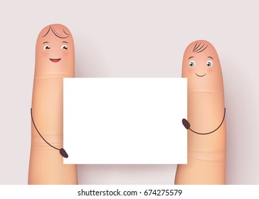 Funny fingers mockup. Fingers with blank white poster. Picture of empty card for mock up as copy space. Flat style vector realistic illustration isolated on white background