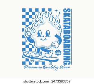 funny fire cartoon character illustration playing skateboard in vintage style with checkerboard background, design can be used as t shirt, sticker, poster, print design and other uses.