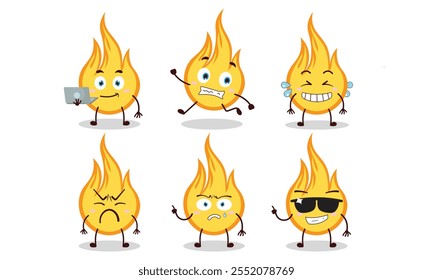 funny fire cartoon character with many pose activity design illustration