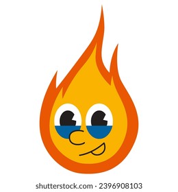 Funny fire emoji with smile, cartoon style, vintage groovy characters. Trendy modern vector illustration isolated on white background, hand drawn, flat design