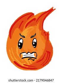 Funny fire flame characte. Cartoon style. Hand drawn sign of fire. Fire safety. Vector, illustration.