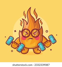 funny fire flame character mascot doing bodybuilding using dumbbell isolated cartoon in flat style design