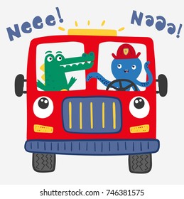 funny fire truck illustration with crocodile and octopus