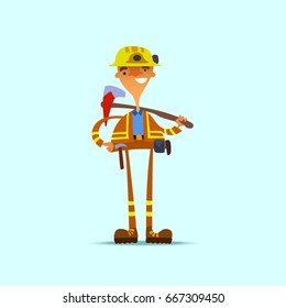 Funny firefighter with an ax in uniform. Vector illustration.