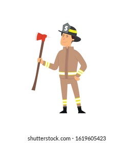 funny fireman with an ax. man in fire uniform isolated on white background. vector illustration.