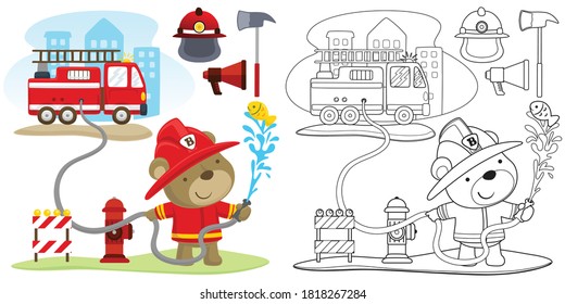 Funny fireman cartoon with firefighter equipment , coloring book or page