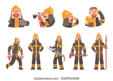 Funny Fireman At Work Using Firefighting Gear And Wearing Firefighter Uniform With Helmet And Bunker Coat