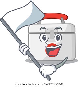 Funny first aid kit cartoon character style holding a standing flag