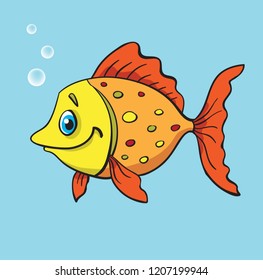 Funny fish with air bubbles. In cartoon style. Isolated on blue background. Vector illustration.