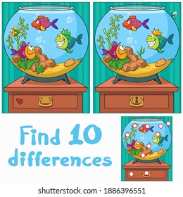 Funny fish in the aquarium. Find 10 differences. Educational game for children. Cartoon vector illustration.