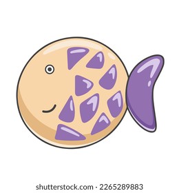 Funny fish ball in cartoon style, clip art. Underwater round marine fish isolated object. Colorful cute sea baby character, vector illustration