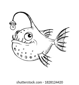 Funny fish. Black and white drawing in a cartoon style. Fish with a flashlight. Vector illustration, isolated on white