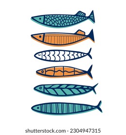 Funny fish blue and orange outline on white background. Simple marine vector