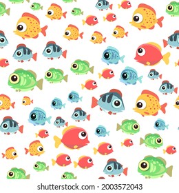 Funny funny fish. The bottom of the reservoir. Sea ocean. Underwater landscape with plants, algae and corals. Seamless. Illustration in cartoon style. Flat design. Vector art