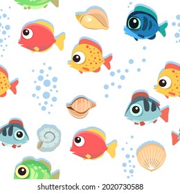 Funny funny fish. The bottom of the reservoir. Sea ocean. Bubbles. Underwater landscape with plants, algae and corals. Seamless. Illustration in cartoon style. Flat design. Vector art
