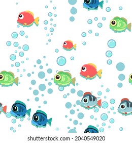 Funny funny fish. The bottom of the reservoir. Sea ocean. Bubbles. Underwater landscape with plants, algae and corals. Seamless. Illustration in cartoon style. Flat design. Vector art