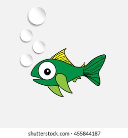 Funny fish with bulb
green fish on a black background with air balls white paper on a gray background