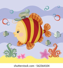 funny fish cartoon with beauty sea life background