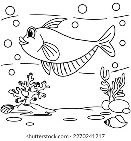 Funny fish cartoon characters vector illustration. For kids coloring book.