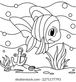 Funny fish cartoon characters vector illustration. For kids coloring book.