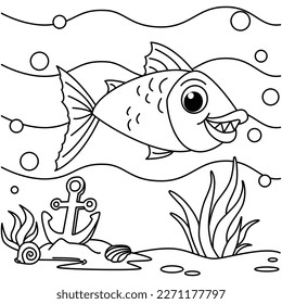 Funny fish cartoon characters vector illustration. For kids coloring book.