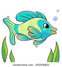 Funny fish in cartoon style isolated on white background. Vector illustration of green sea animal. Trendy fish for books, print, games.