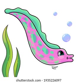 Funny fish in cartoon style isolated on white background. Vector illustration of pink sea animal. Trendy fish for books, print, games.