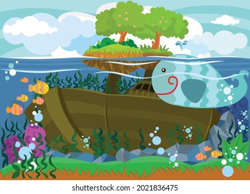 Funny fish cartoon underwater world - Fish cartoon with beauty sea life background