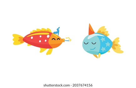 Funny Fish Character in Birthday Hat Floating Celebrating Holiday Vector Set
