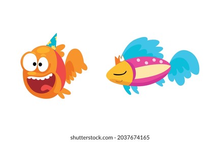 Funny Fish Character in Birthday Hat Floating Celebrating Holiday Vector Set