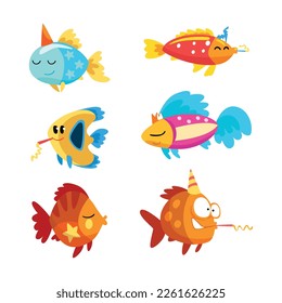 Funny Fish Character Floating and Blowing Whistle Celebrating Holiday Vector Set