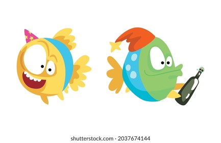 Funny Fish Character Floating with Champagne Bottle Celebrating Holiday Vector Set