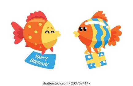 Funny Fish Character Floating with Gift Box Celebrating Holiday Vector Set