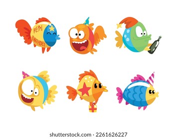 Funny Fish Character Floating with Gift Box Celebrating Holiday Vector Set