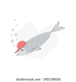funny fish character with red cap on under water cartoon vector illustration