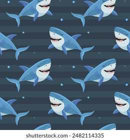 Funny fish characters. Seamless pattern with cartoon sharks. Shark vector backgrounds. 