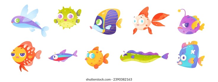 Funny fish characters set vector illustration. Cartoon kids collection of cute different isolated marine animals and sea underwater fantasy creatures of bright colors, tropical aquarium fishes