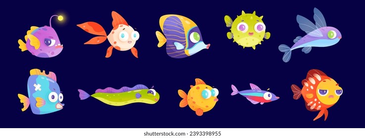 Funny fish characters set vector illustration. Cartoon kids collection of cute different isolated marine animals and sea underwater fantasy creatures of bright colors, tropical aquarium fishes.