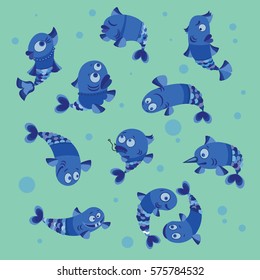 Funny fish collection vector illustration of a flat style.