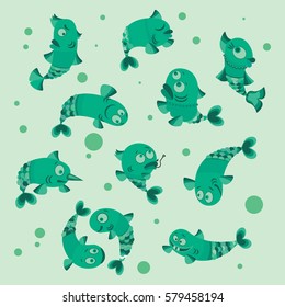 Funny fish collection vector illustration of a flat style.